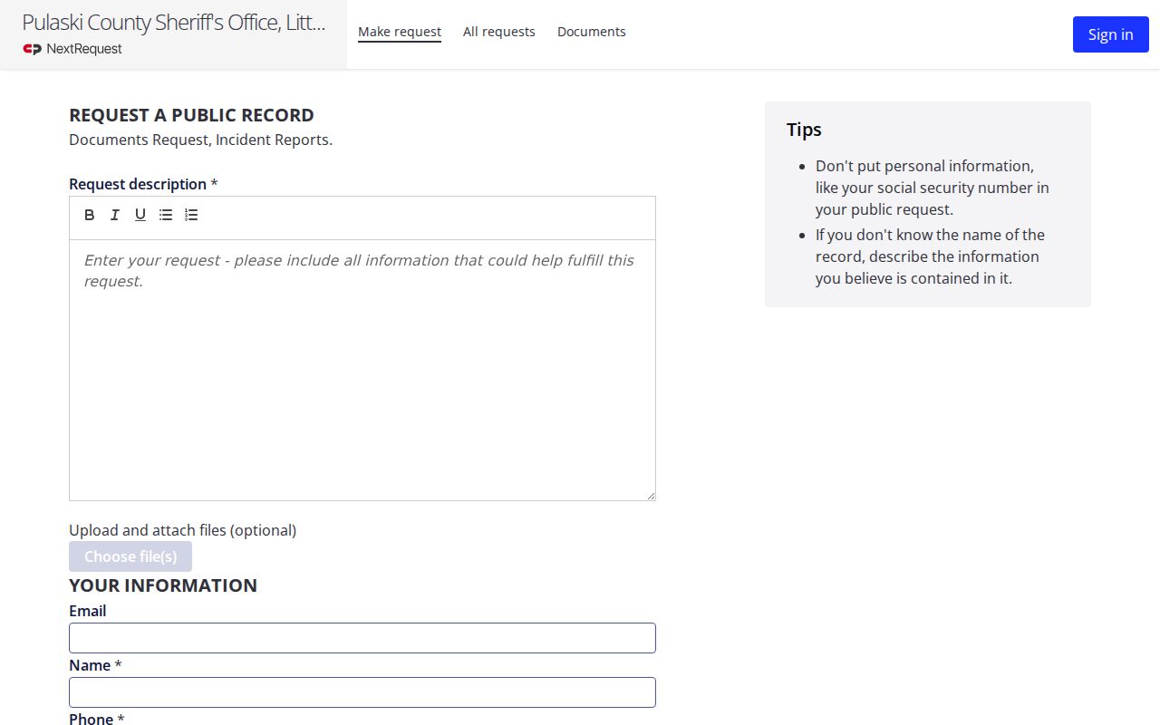 Pulaski County warrant lookup request form on the sheriff FOIA portal