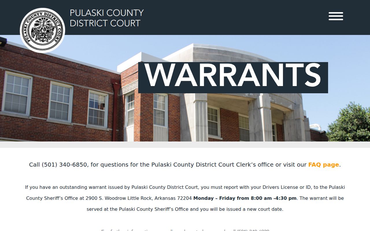 Pulaski County bench warrant service instructions from the court-linked page