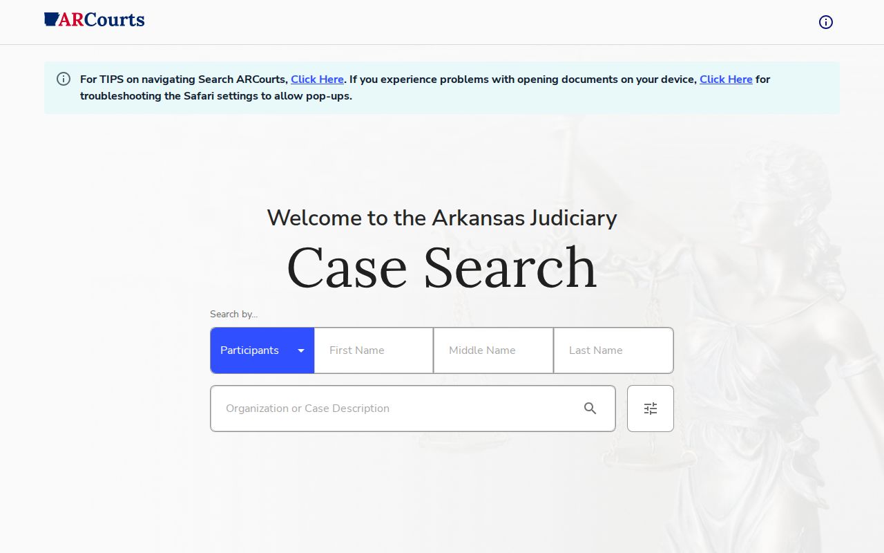 Pulaski County warrant lookup on the blank Search ARCourts screen