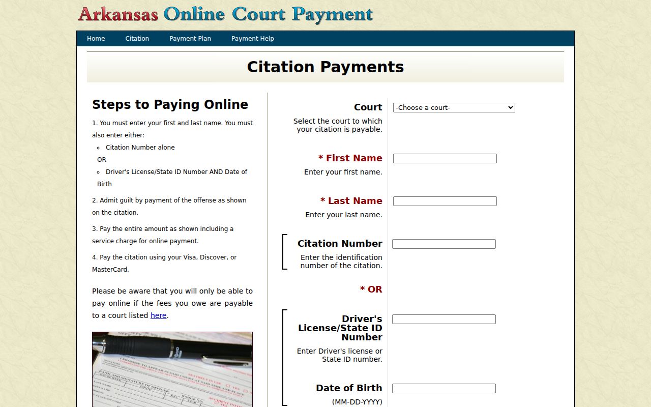 Pulaski County traffic warrant citation payment form
