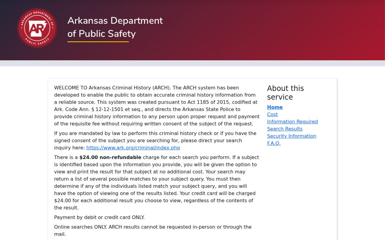 Pulaski County arrest warrant distinction from ARCH criminal history search
